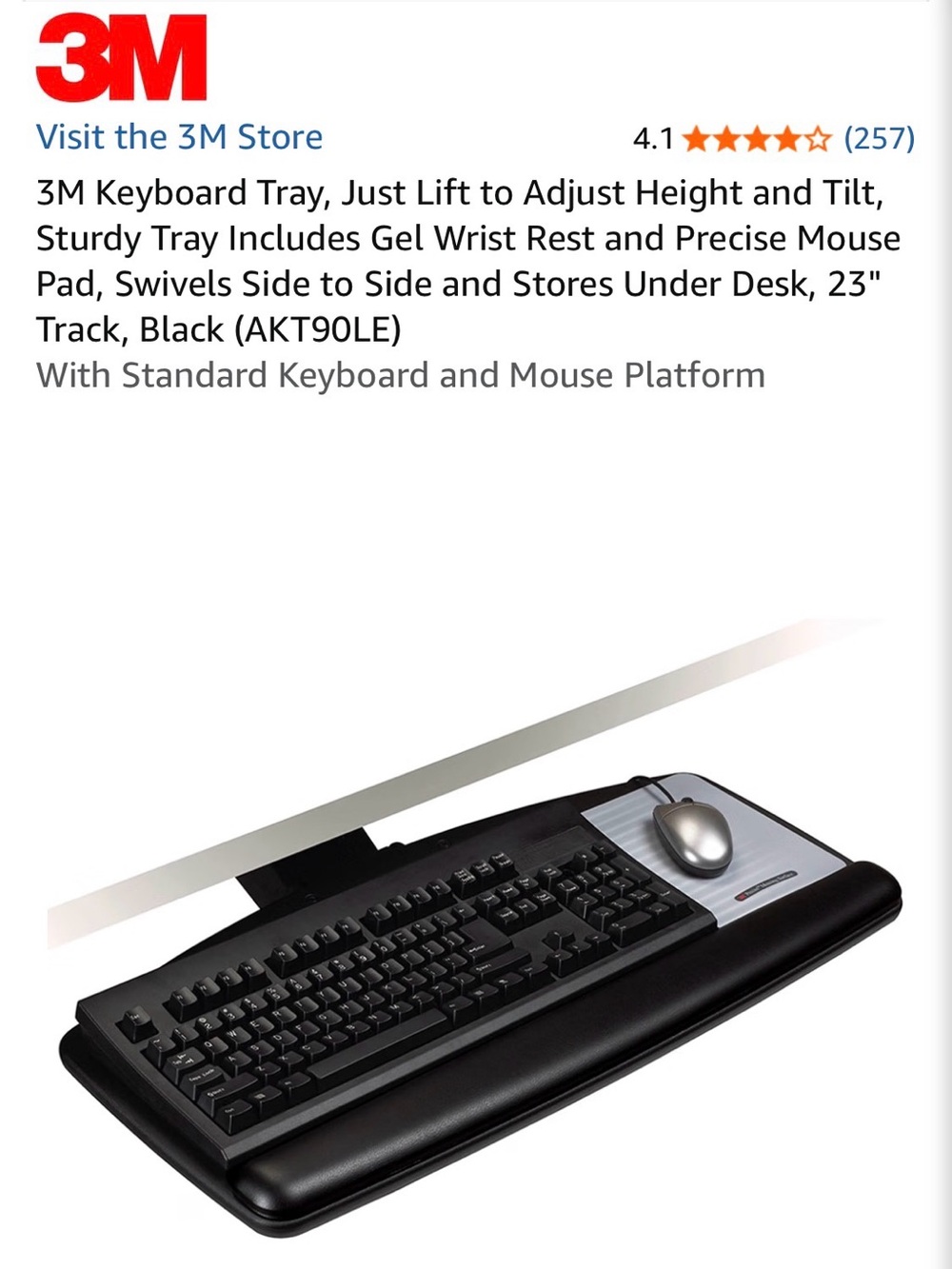 3M Under-Desk Keyboard Tray with Gel Wrist Rest - Black
